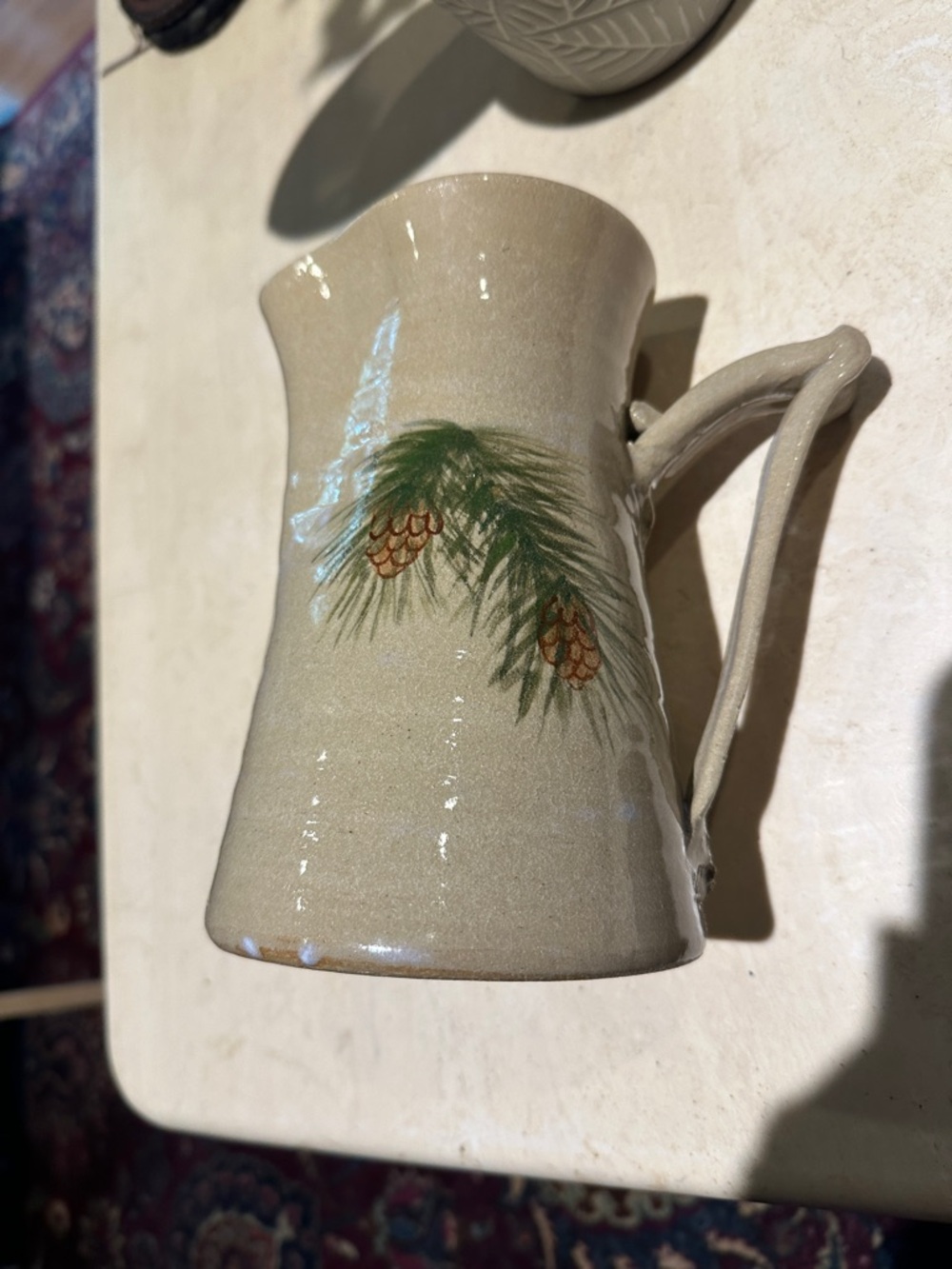 Hand-Painted Pinecone Ceramic Pitcher - Beige